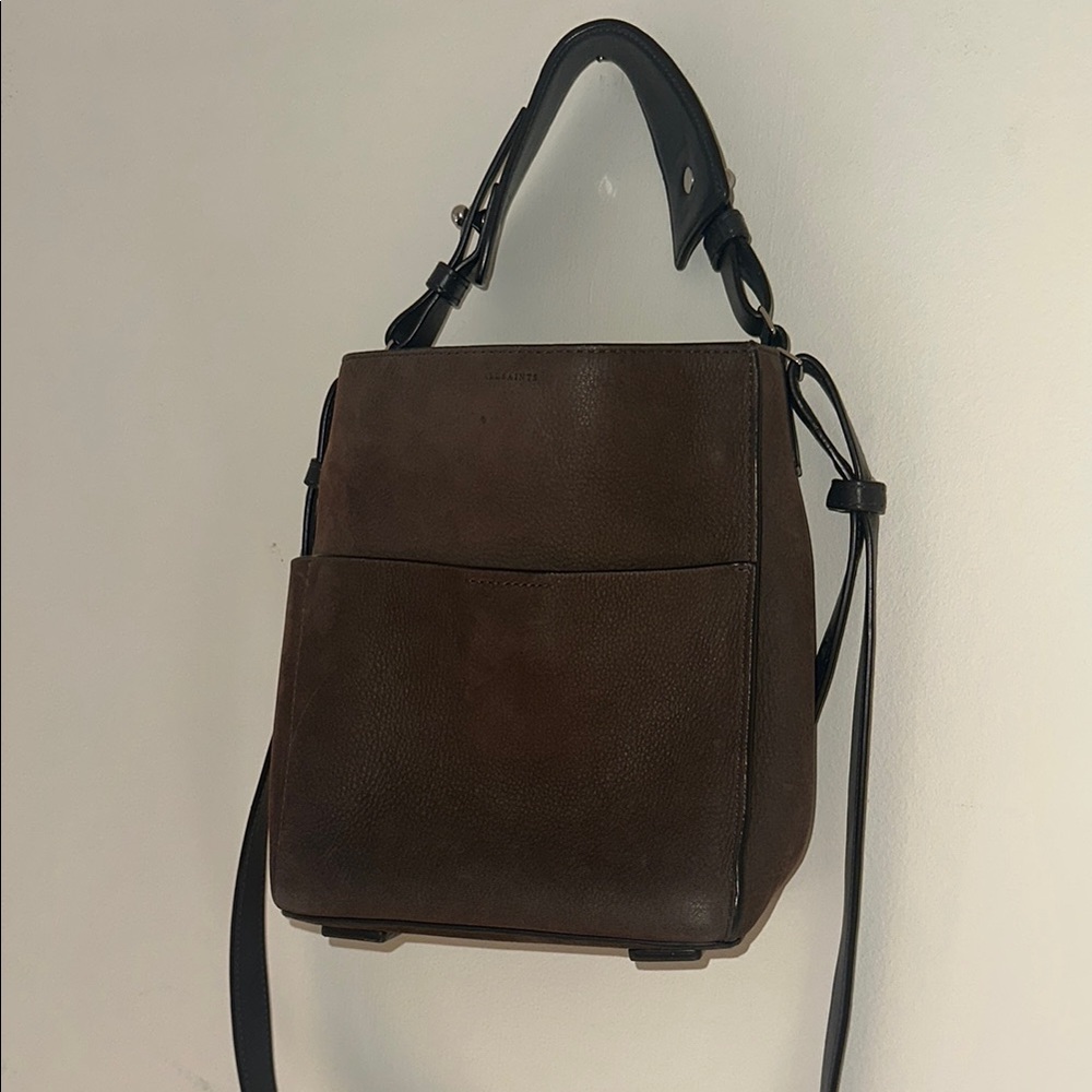 All Saints Gray-Brown Leather Cross-Body Bag